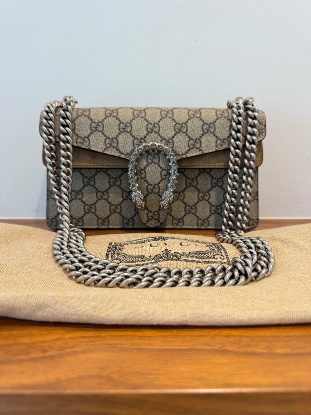 Gucci Monogram Enamel Small Dionysus Shoulder Bag Beige Pre-Owned